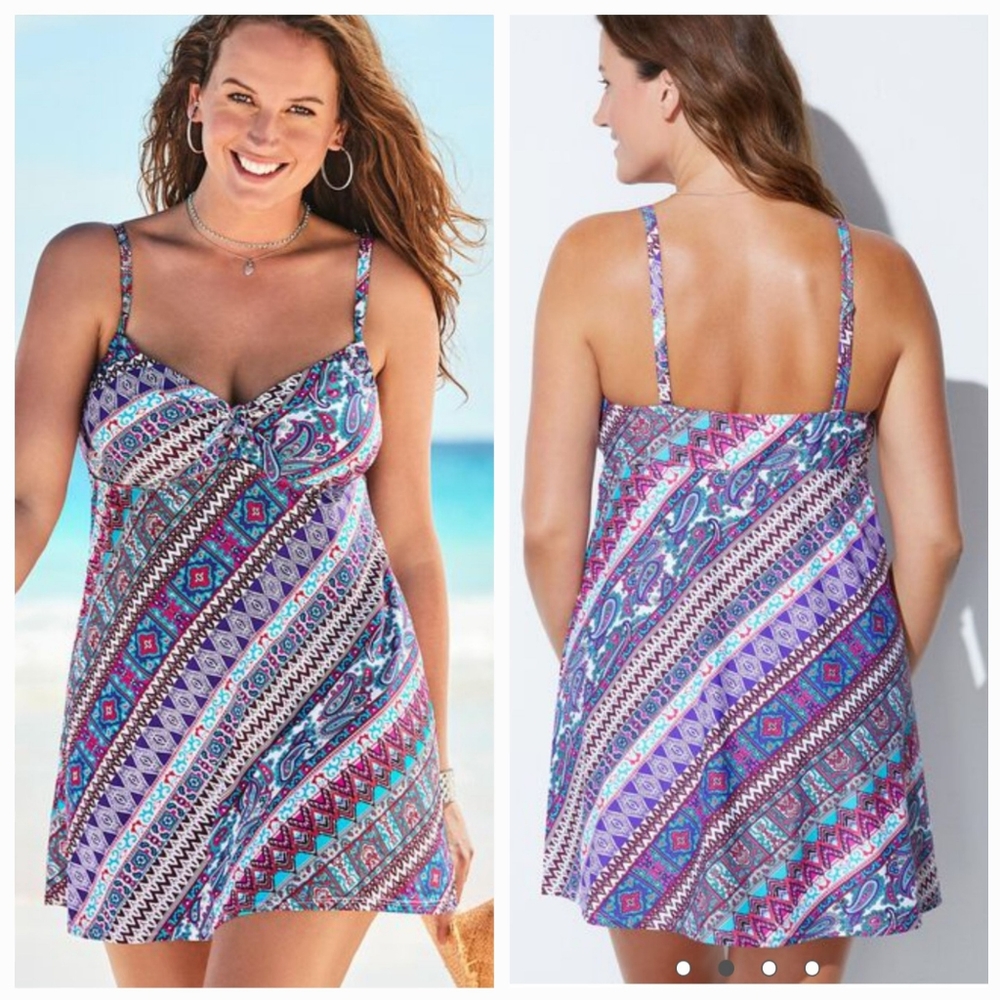 Swimsuits For All - Paisley Striped Pattern- Plus Size Swimsuit Swim Dress